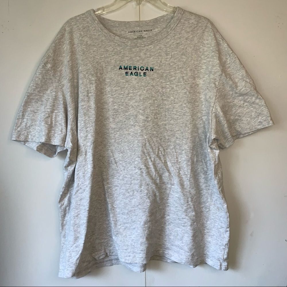 AE Lg Marled Grey Colorblock Blue Logo Graphic Tee Relaxed Fit Mens Unisex